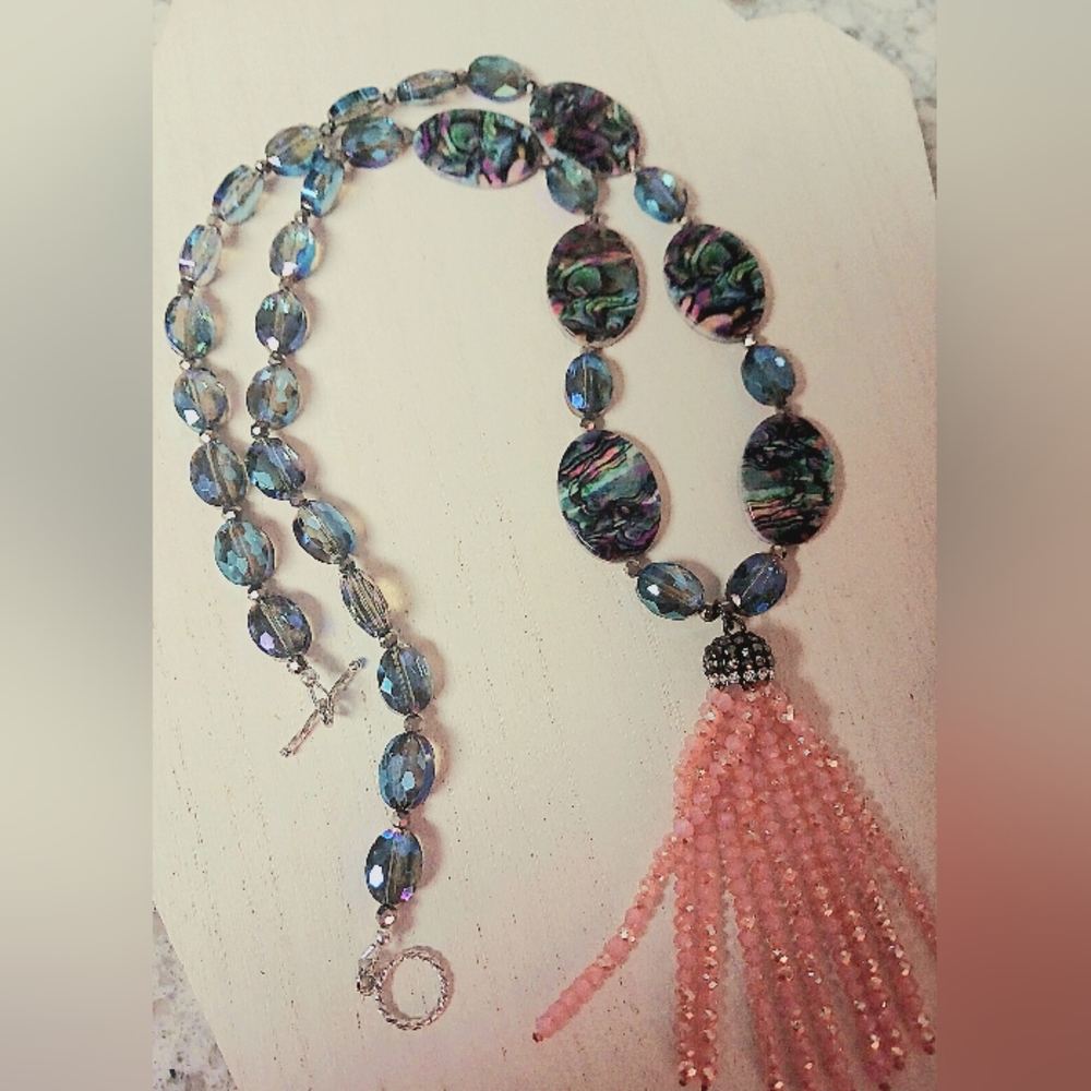 Abstract Semi precious  crystal necklace, beaded tassel,& matching earrings set